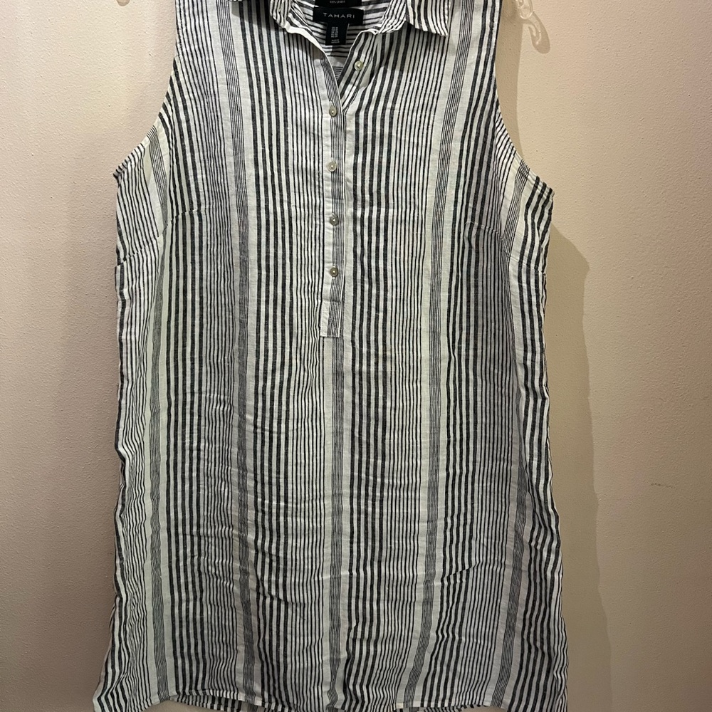 Tahari Black and White Linen Striped Sleeveless Dress